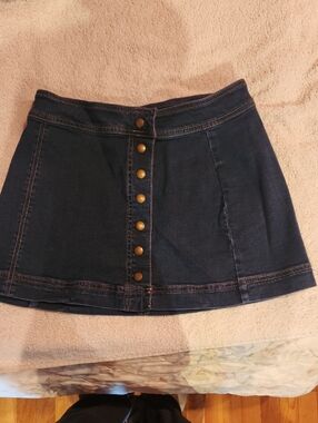 Free People Dark Blue Button-Front Denim Mini Skirt